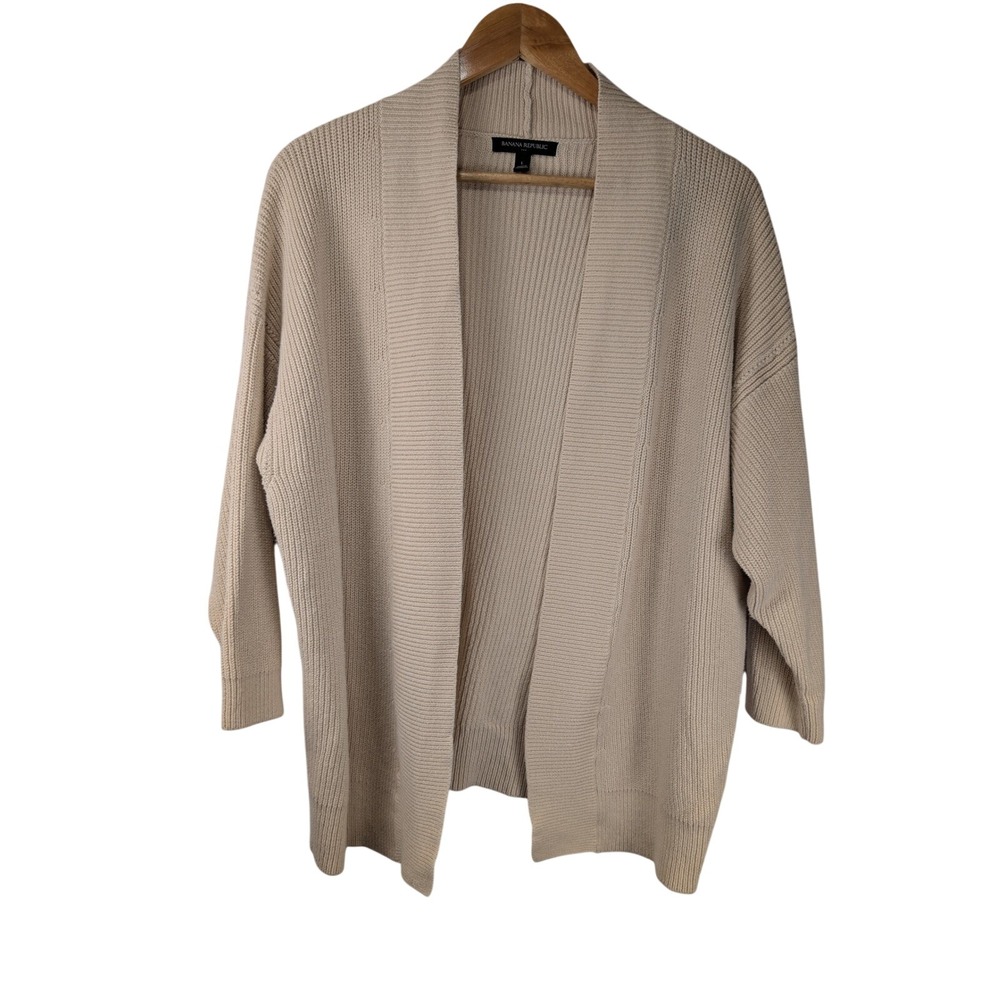 Banana Republic Womens Beige Ribbed Open Front Cardigan Sweater Large Tan Cotton